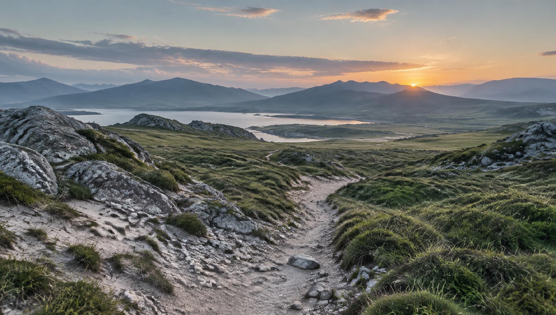 A narrow trail crossing rock and grass toward distant hills at first light
