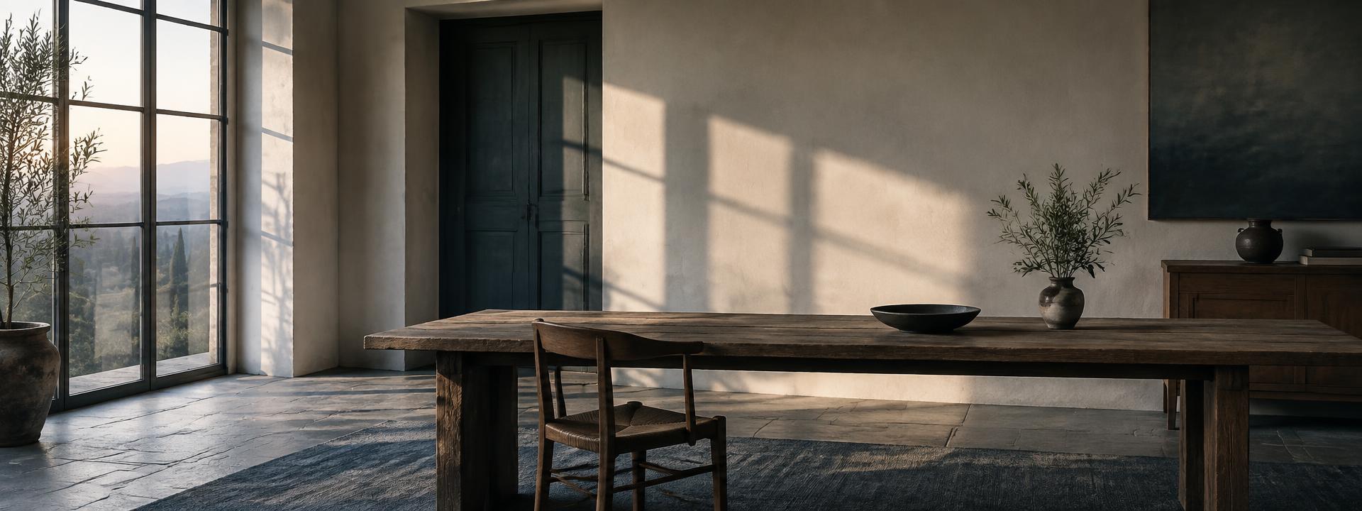 An empty room at dawn with a long wooden table, one chair and light from a tall window